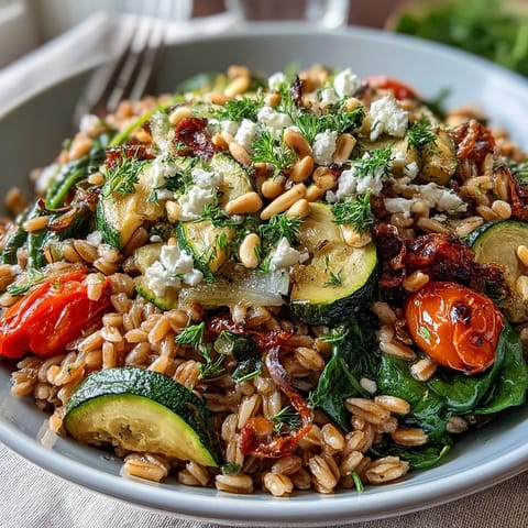 Farro Pasta Bowl topped with crumbled feta, fresh parsley, and toasted pine nuts served warm.
