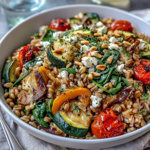 Farro Pasta Bowl with colorful sautéed vegetables and zesty lemon-oregano dressing in a serving bowl.