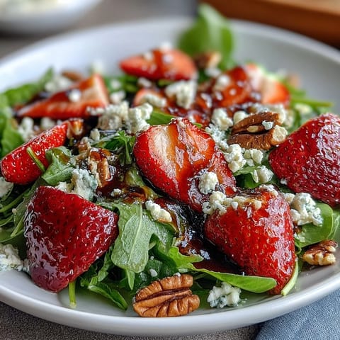 Spring Dinner Party Strawberry Arugula Salad with Balsamic Glaze - A vibrant mix of peppery arugula, juicy strawberries, creamy goat cheese, and crunchy nuts, drizzled with tangy balsamic glaze.