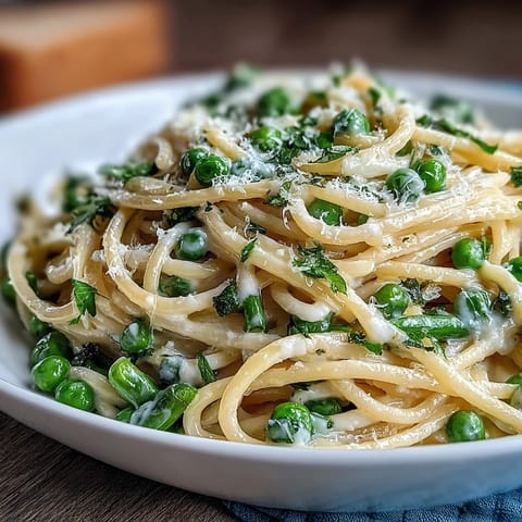 Bright lemon butter pasta with tender peas and a sprinkle of Parmesan, served in a white bowl.  