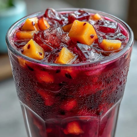 A vibrant glass of mango dragonfruit refresher with fresh fruit cubes and ice, inspired by Starbucks' tropical iced drink.
