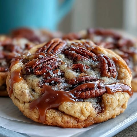 Decadent butter pecan cookies with caramel swirl, featuring toasted nuts and gooey caramel ribbons baked to golden perfection.