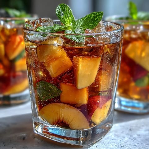 Refreshing mango peach sangria with ripe fruit slices and mint garnish in a clear glass pitcher.