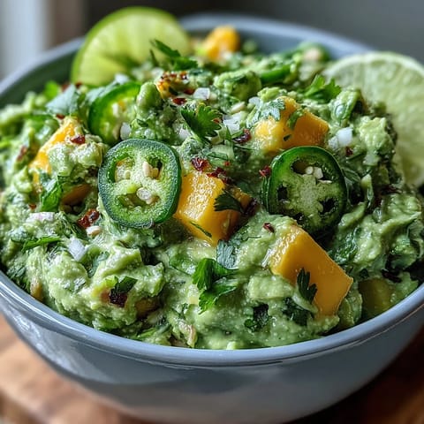 Easy Cinco de Mayo Guacamole with Mango and Jalapeño, a vibrant blend of creamy avocado, sweet mango, and spicy jalapeño in a festive bowl.