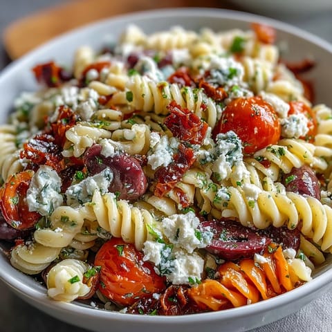 Greek Pasta Salad with Olives and Feta, a colorful medley of fresh vegetables, briny olives, and creamy feta cheese, tossed in a zesty herb dressing.