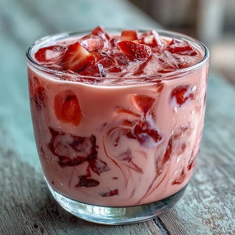 A vibrant pink drink with fresh strawberry slices and creamy coconut milk swirls, inspired by the Pink Starburst candy.