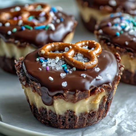 Peanut butter eggs with pretzel crust and chocolate topping in a mini muffin tin, perfect for Easter treats or dessert platters.  