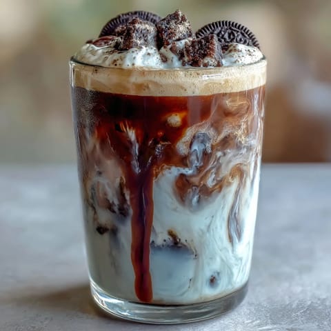 Creamy Cookies and Cream Cold Brew with chocolate cookie crumbles and whipped cream, served in a tall glass over ice.