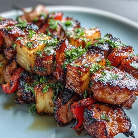 Grilled pineapple chicken skewers with juicy marinated chicken and sweet pineapple chunks sizzling on the grill.