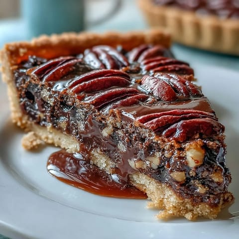 Rich chocolate bourbon pecan tart photo, ideal for elegant Southern dessert gatherings.