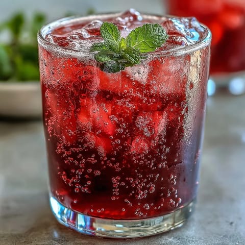 Sparkling Hibiscus Mint Lemonade Mocktail with fresh garnishes, a vibrant, icy thirst quencher.