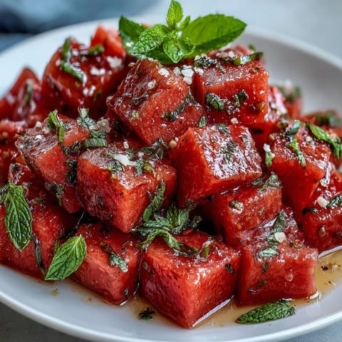 Juicy, chilled watermelon chili lime salad with mint, perfectly seasoned for summer.