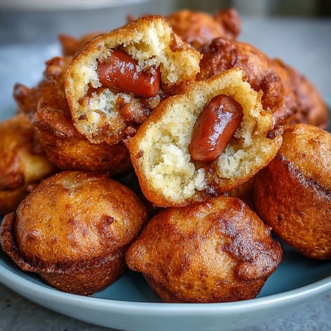 Golden brown mini corn dog muffins filled with savory hot dog pieces.