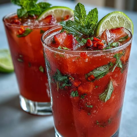 Vibrant strawberry chili limeade mocktail refreshing with sweet-spicy flavors, perfect for parties.