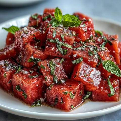 Vibrant watermelon chili lime salad with mint, bursting with refreshing, spicy, citrusy flavors.