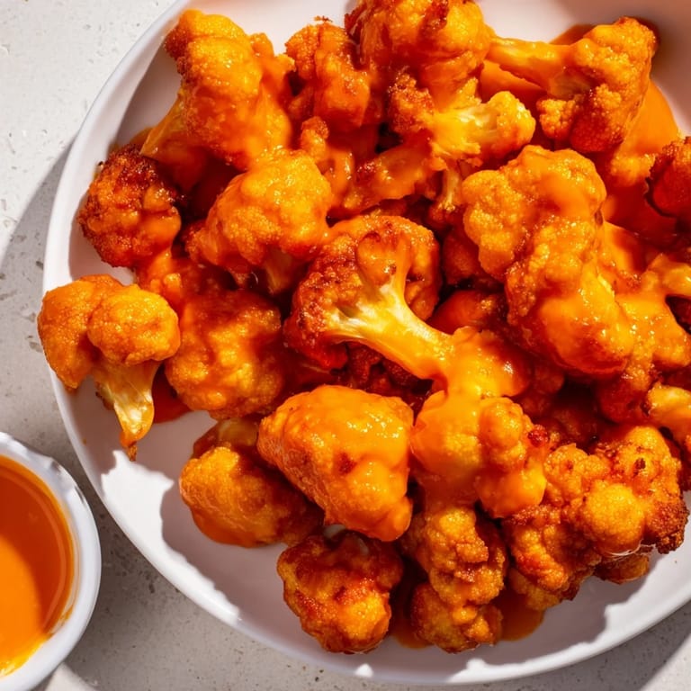 Crispy, battered Buffalo Cauliflower Wings tossed in tangy sauce, paired with crunchy carrot sticks on a platter.