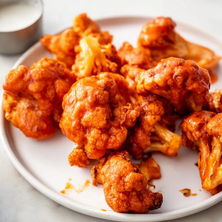 Golden, oven roasted Buffalo Cauliflower Wings on a baking sheet with blue cheese dressing for a game day snack.