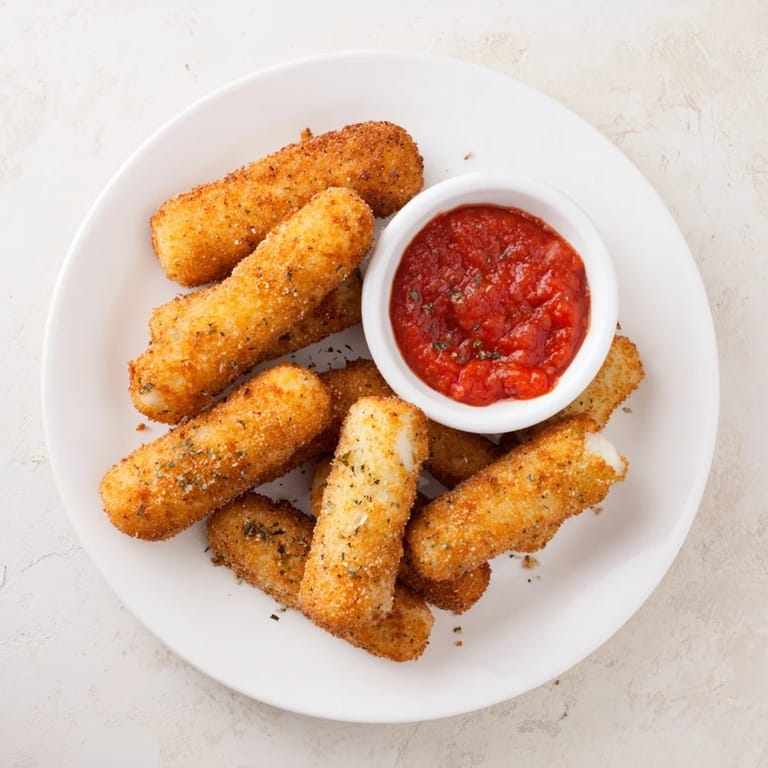 Homemade mozzarella sticks drizzled with marinara sauce on a wooden board, topped with fresh parsley for a delicious appetizer presentation.