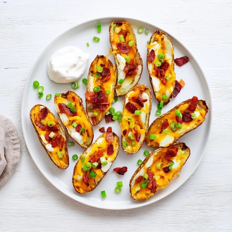 Freshly baked potato skins topped with melted cheddar, bacon crumbles, and green onions, served on a platter.