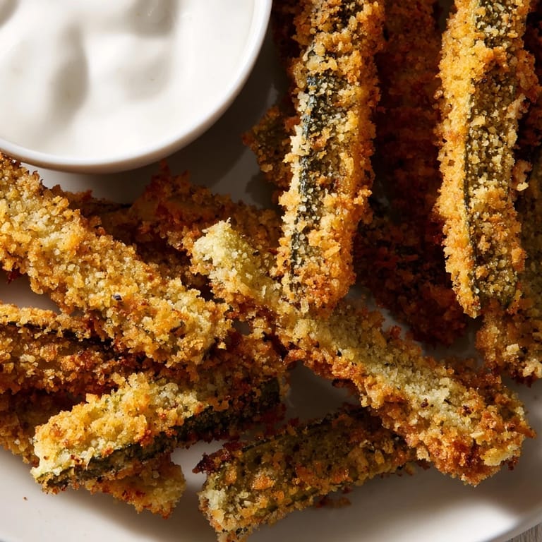Close-up of Fried Pickles, golden-brown breadcrumbs on dill pickle spears, steam rising and ranch dressing ready for dipping.