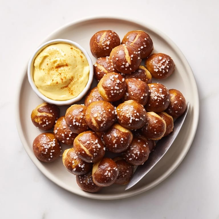 Steam rises from soft Pretzel Bites with Cheese Dip on a rustic wooden board.