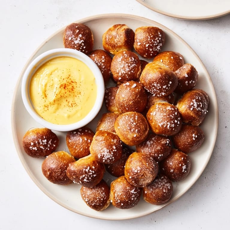 Homemade Pretzel Bites with Cheese Dip served warm for a delicious party snack.