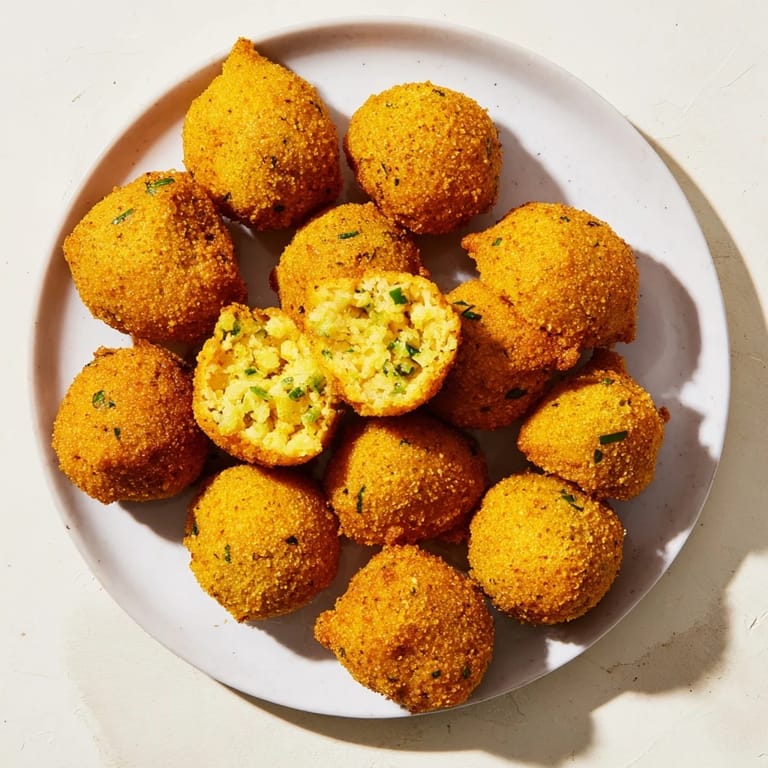 A close-up of crispy fried Hushpuppies showing a fluffy, savory interior flecked with diced onion and chives.