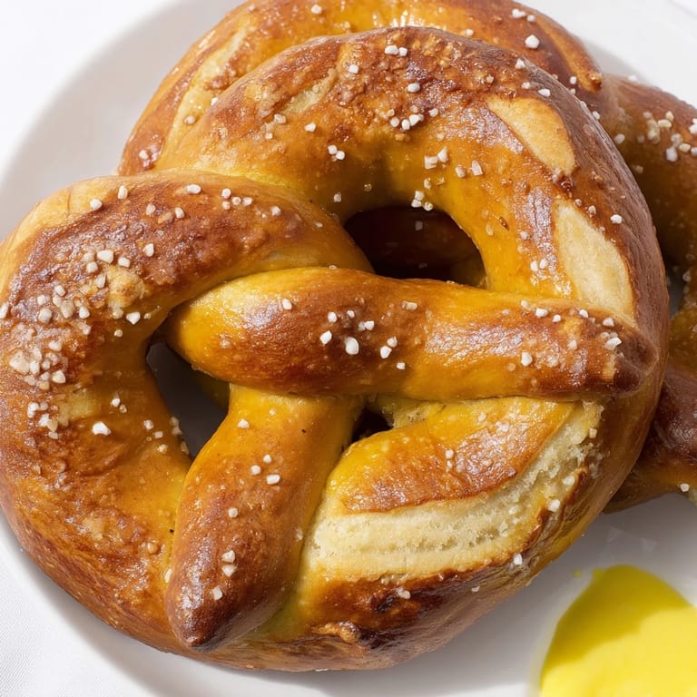 Homemade soft pretzels stacked on a cooling rack, ready to dip in spicy brown mustard.