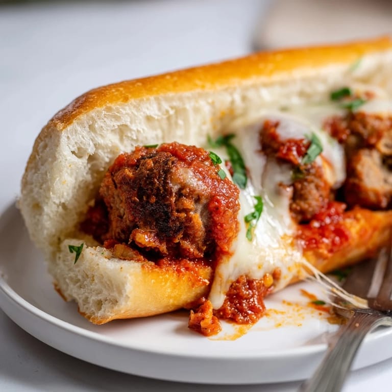 A close-up of a hot Meatball Sub, with melted provolone and fresh basil garnish.