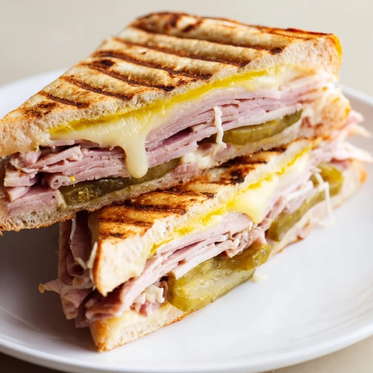Buttery grilled Cuban sandwich with a golden crust, oozing melted Swiss cheese, savory pork, ham, and tangy pickles.
