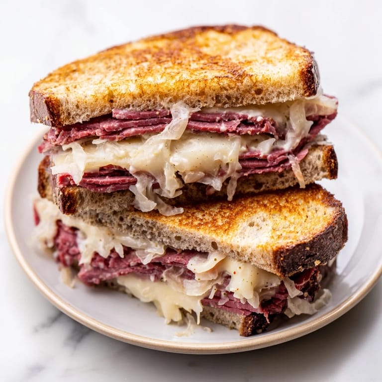 Melted Swiss cheese and warm corned beef fill this toasted Reuben Sandwich served with pickles.