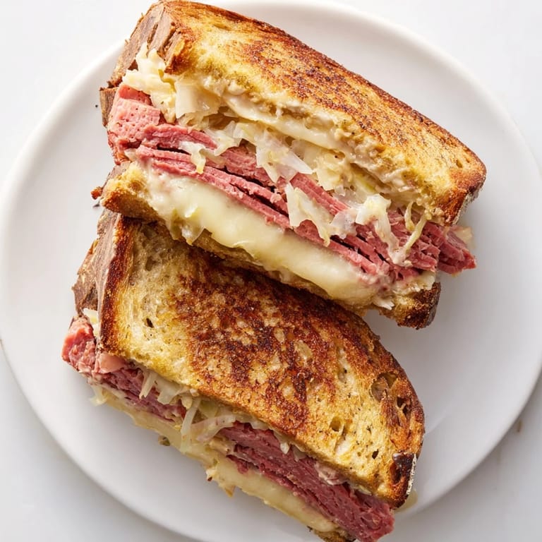 Buttery, golden-brown Reuben Sandwich grilled to perfection, featuring layers of corned beef and sauerkraut.