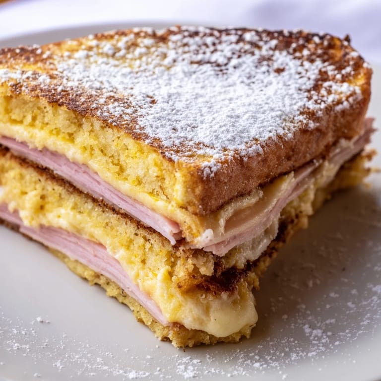 A classic Monte Cristo sandwich oozing melted Swiss cheese, layered with ham, and perfectly crispy from the egg batter.