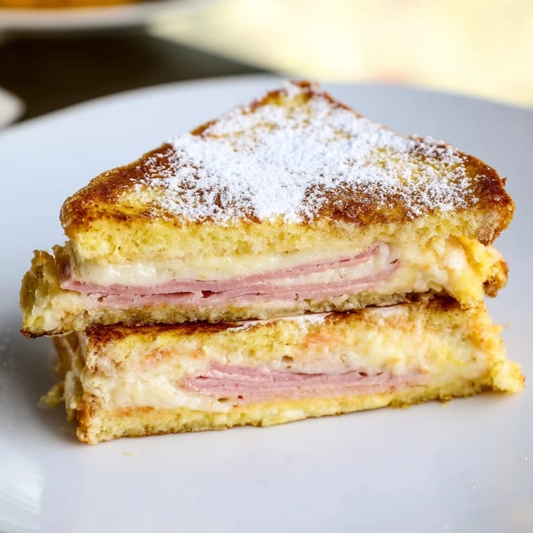 Buttery pan-fried Monte Cristo sandwich ready to eat, cut diagonally to reveal the savory ham and cheese filling.
