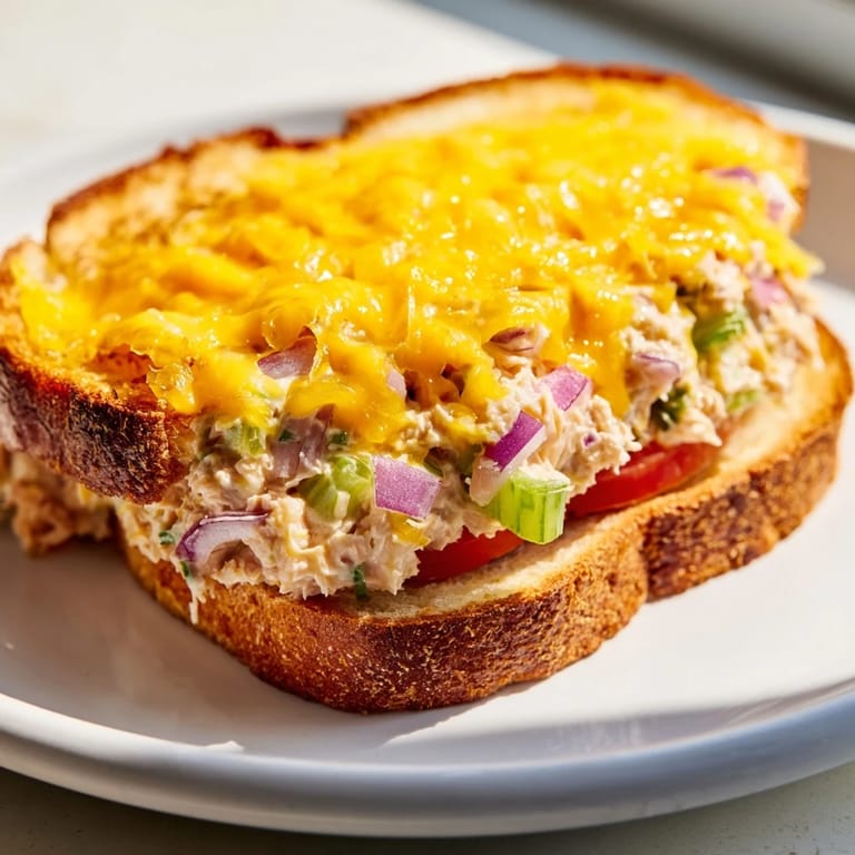Toasted open-faced Tuna Melt with bubbling cheese, creamy tuna salad, and bright red tomato on rustic bread, served warm.