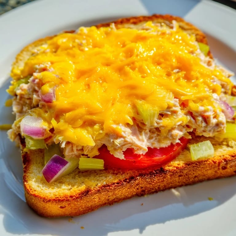 Classic American Tuna Melt recipe with melted cheddar, golden crust, and fresh parsley garnish on a wooden cutting board.