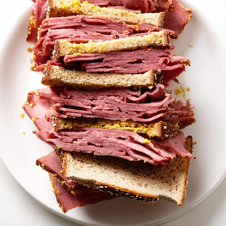 A close up view of an open faced Pastrami on Rye, highlighting the juicy meat texture and tangy yellow mustard spread.