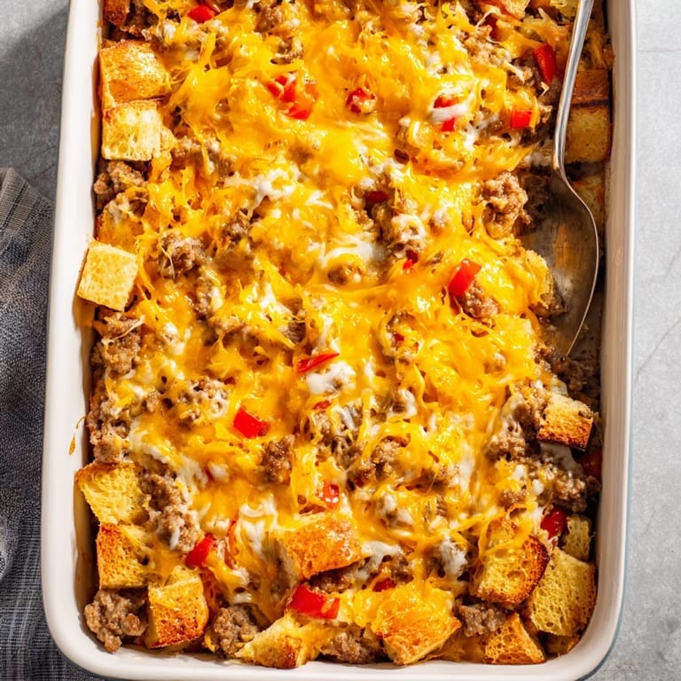 Freshly baked Breakfast Sausage Casserole in a baking dish, ready to serve for a family brunch.