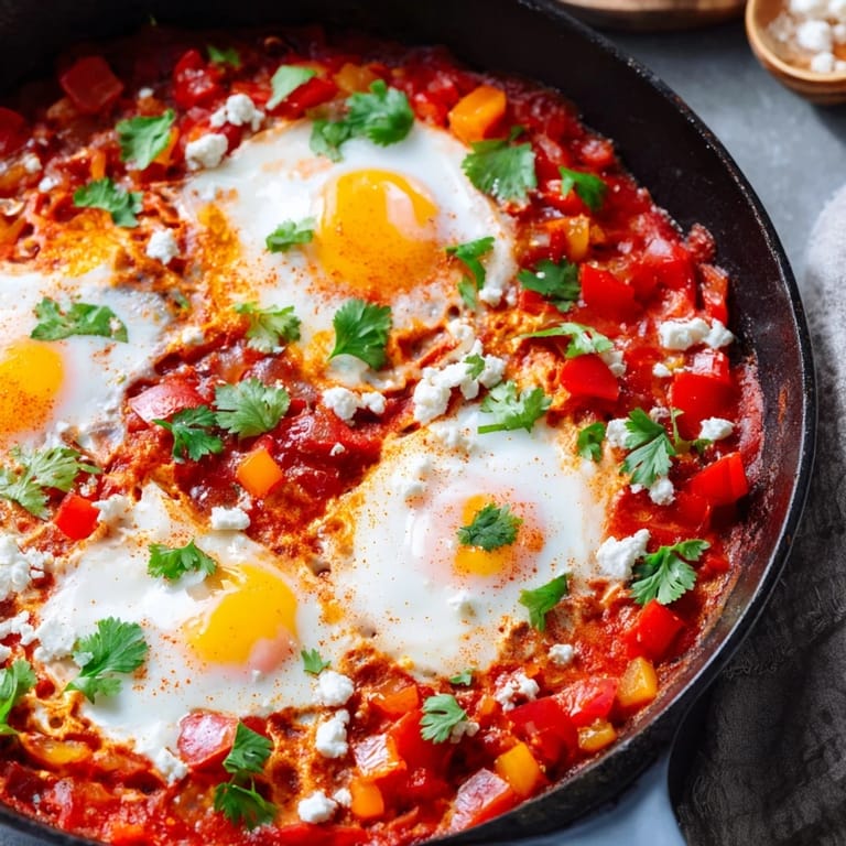 A rustic cast iron skillet holds hearty shakshuka with perfectly poached eggs, bright peppers, and onions, ideal for a vegetarian dinner.