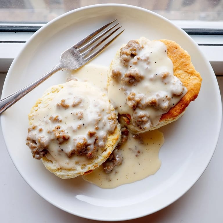 Fluffy, buttery biscuits topped with steaming peppery sausage gravy, a hearty Southern breakfast ready to enjoy.