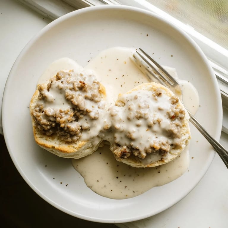 Close-up of golden Biscuits and Gravy, split and drizzled with rich sausage gravy, perfect for breakfast.