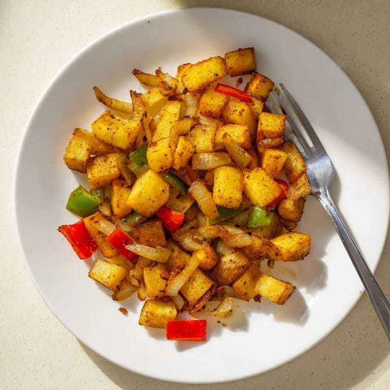 A close-up of seasoned Home Fries topped with fresh parsley, highlighting crispy edges and soft centers on a white plate.