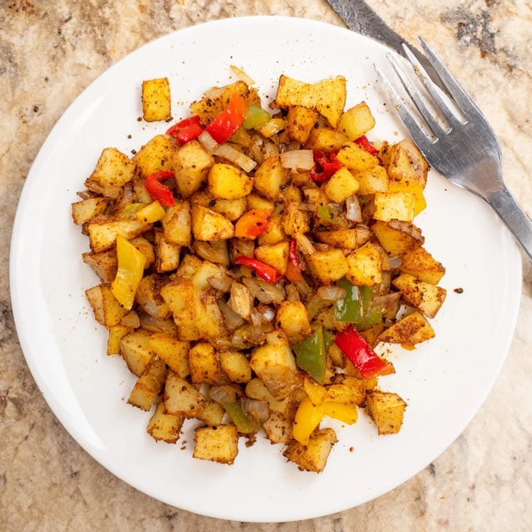 Golden-brown Home Fries sizzling in a cast iron skillet, mixing russet potatoes with diced red and green peppers. 