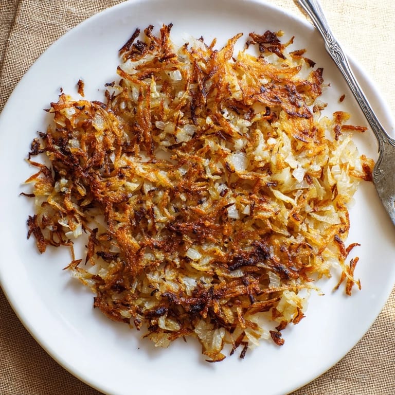 Close-up of shredded Hash Browns with chopped onion, showing the golden, crunchy texture from pan-frying.