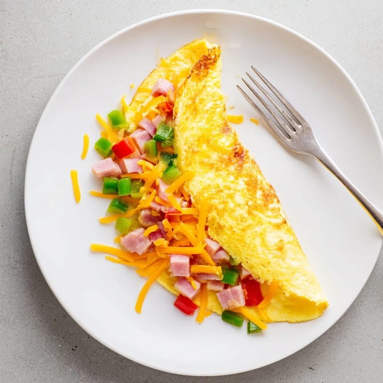 Steam rises from a freshly folded Denver Omelet filled with diced ham, onions, and red and green bell peppers.