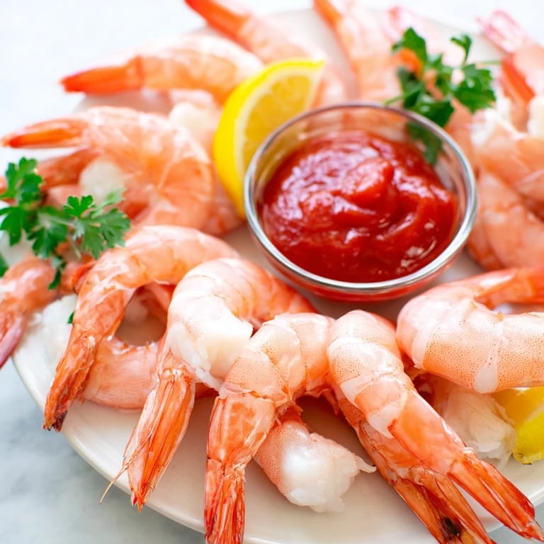 Classic shrimp cocktail garnished with fresh parsley and lemon wedges on a decorative platter.