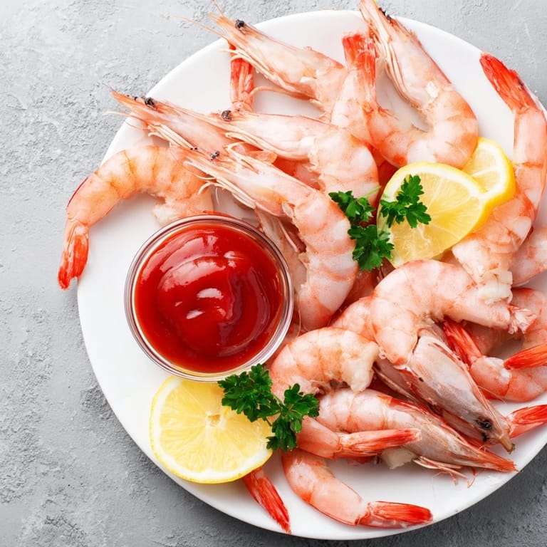 Homemade shrimp cocktail appetizer featuring pink shrimp tails and tangy, bright red sauce for dipping.