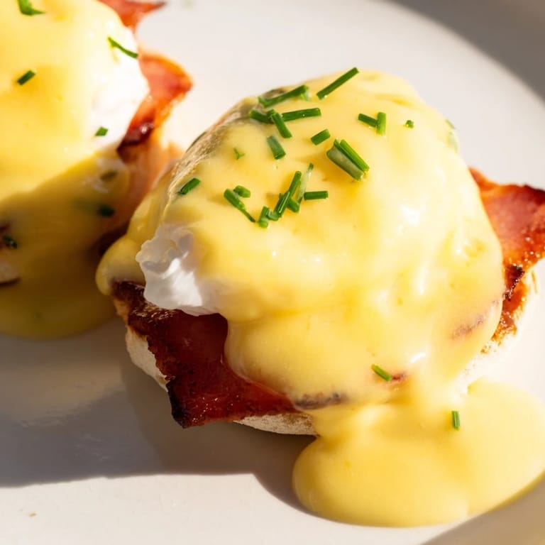 A close-up of rich, lemony Eggs Benedict topped with runny yolks and fresh chives for brunch.