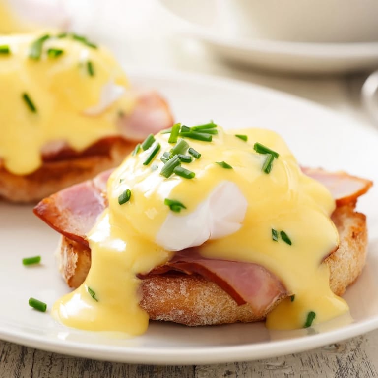 Perfectly plated homemade Eggs Benedict, drizzled with hollandaise and paired with sparkling mimosas at brunch.