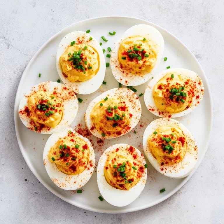 Chilled American-style deviled eggs topped with smoked paprika and fresh herbs, ideal for gatherings or a savory bite.